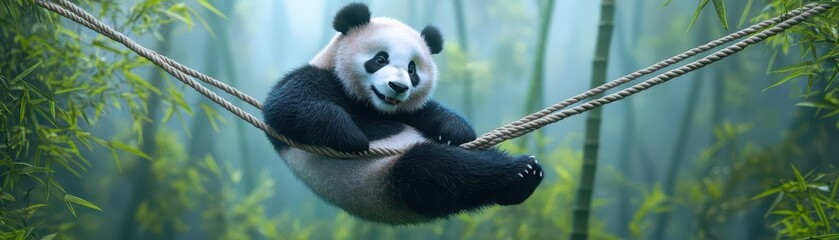 Obraz premium Panda playing with ropes, bamboo forest, 3D illustration