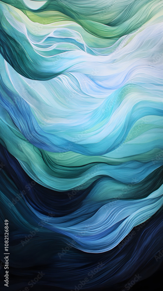 Poster smooth flowing waves of color create a serene abstract background in calming shades of blue and gree