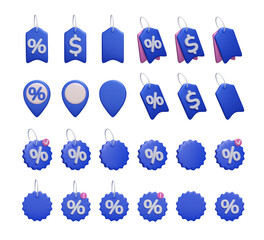 Big bundle of blue 3D discount price tags icon set. Promo special offer label, dollar price tag, discount voucher, percent sign sale shopping sticker 3d render vector icon set isolated on white.