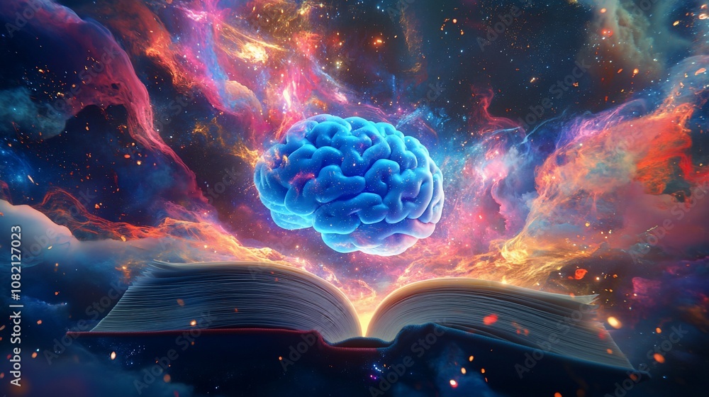 Poster A blue brain floats above an open book, glowing against a backdrop of swirling nebulae, representing the power of knowledge and imagination.