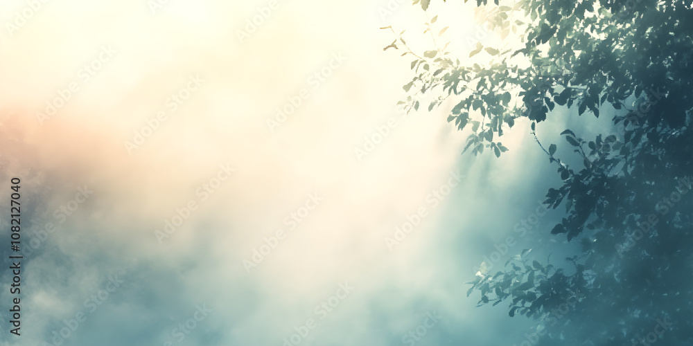 Poster sunbeam breaking through soft fog creates a serene atmosphere with gentle light filtering through tr