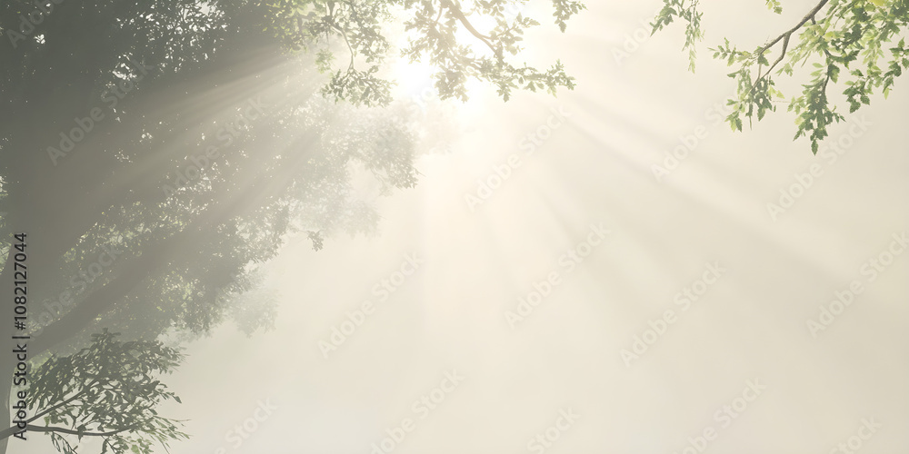 Poster sunbeam breaking through soft fog creates a serene atmosphere in a tranquil forest setting surrounde