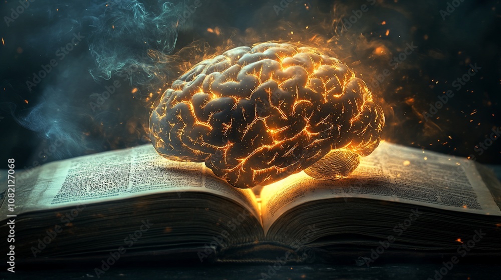 Aufkleber a burning brain sits atop an open book, symbolizing the power of knowledge and the potential of the 
