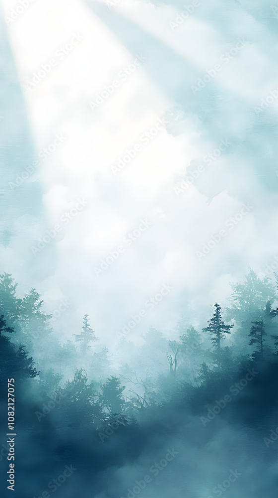 Aufkleber sunbeam breaking through soft fog over a quiet forest creating a serene and mystical atmosphere