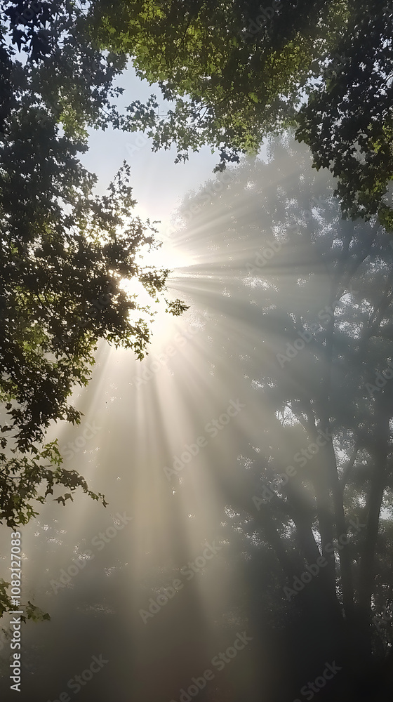 Poster sunbeam breaking through soft fog creates a serene atmosphere, highlighting gentle tree silhouettes 
