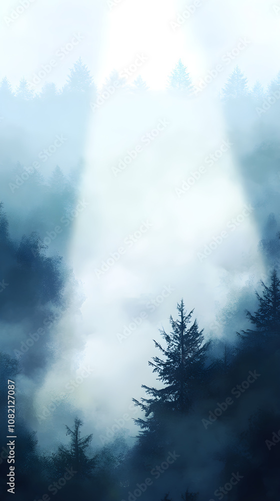 Poster sunbeam breaking through soft fog over a quiet forest creates a serene and mystical atmosphere invit