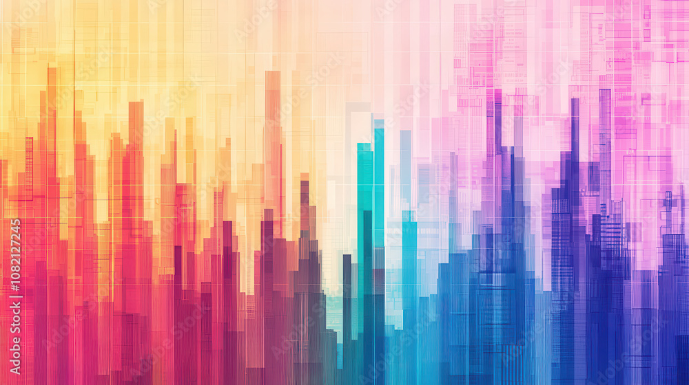 Poster vibrant abstract digital art featuring pixelated patterns in warm and cool colors, creating dynamic 