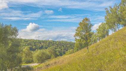 Beautiful, serene landscape with a clear blue sky and a few trees