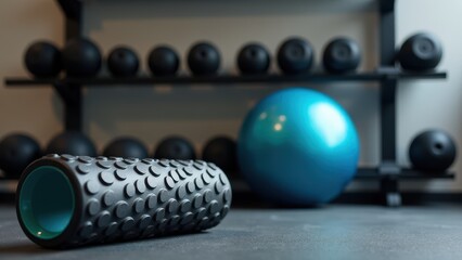  Foam roller for back pain. Textured foam roller in focus, with a blue exercise ball and kettlebells on racks in the background at a gym.
