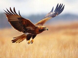 Obraz premium Majestic Golden Eagle in Flight Over a Golden Prairie Landscape, Showcasing Powerful Wings and Sharp Talons Against a Dramatic Sky, Symbolizing Nature's Beauty