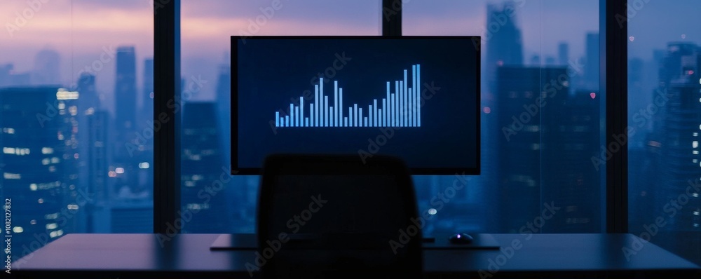 Poster the business plan 2025 with chart concept. a sleek workspace with a monitor displaying an upward tre