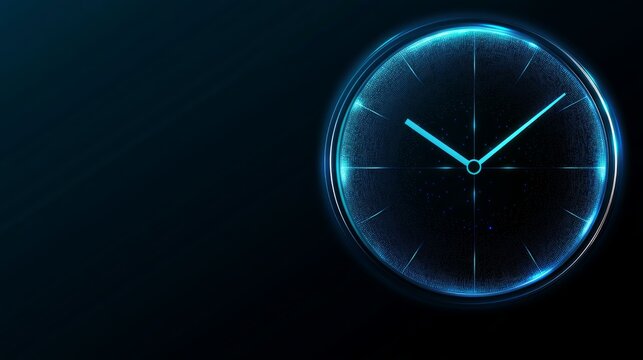 A glowing blue digital clock face with a black background and copy space to the left.