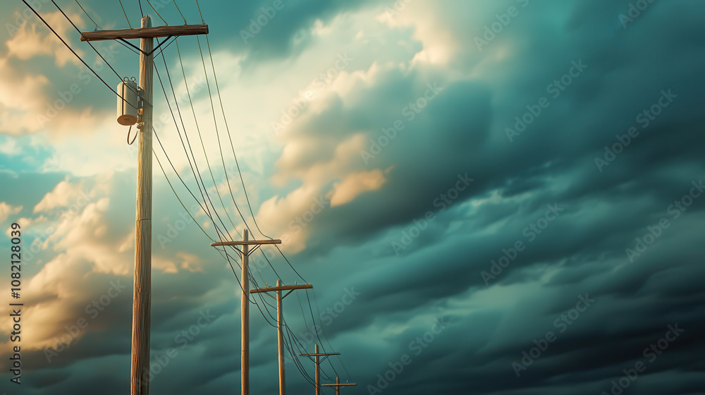 Aufkleber power lines stretch into cloudy sky, creating ambient atmosphere. dramatic clouds enhance scene dept