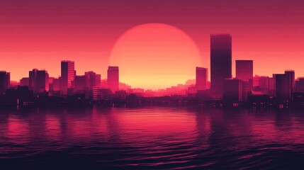 Stunning Artistic Representation of a City Skyline at Sunset with Vibrant Pink and Purple Hues Reflecting on Water Surfaces, Creating a Dreamlike Atmosphere