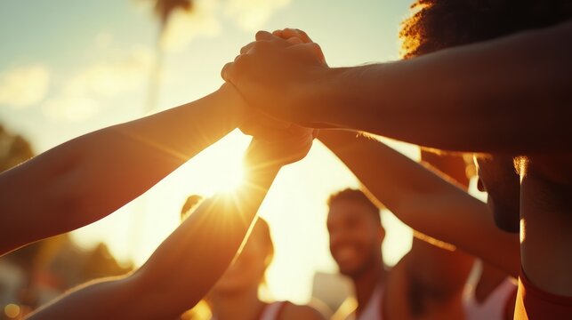 A group of people stand in a circle, their hands reaching towards the center in a gesture of unity and teamwork, with the setting sun shining brightly behind them.