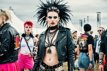 Obraz premium Eclectic Punk Fashion Icon in Leather Jackets and Statement Accessories for Edgy Music Festival Poster
