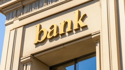 Obraz premium An ornate neoclassical bank building facade showcasing decorative architecture and a golden sign on a sunny day