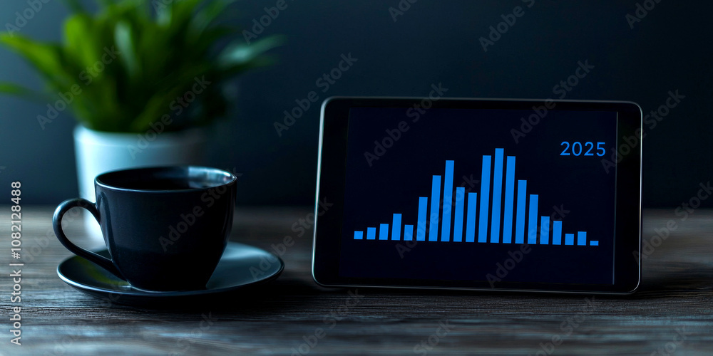 Poster the business plan 2025 with chart concept. a dark scene featuring a tablet displaying a data chart, 