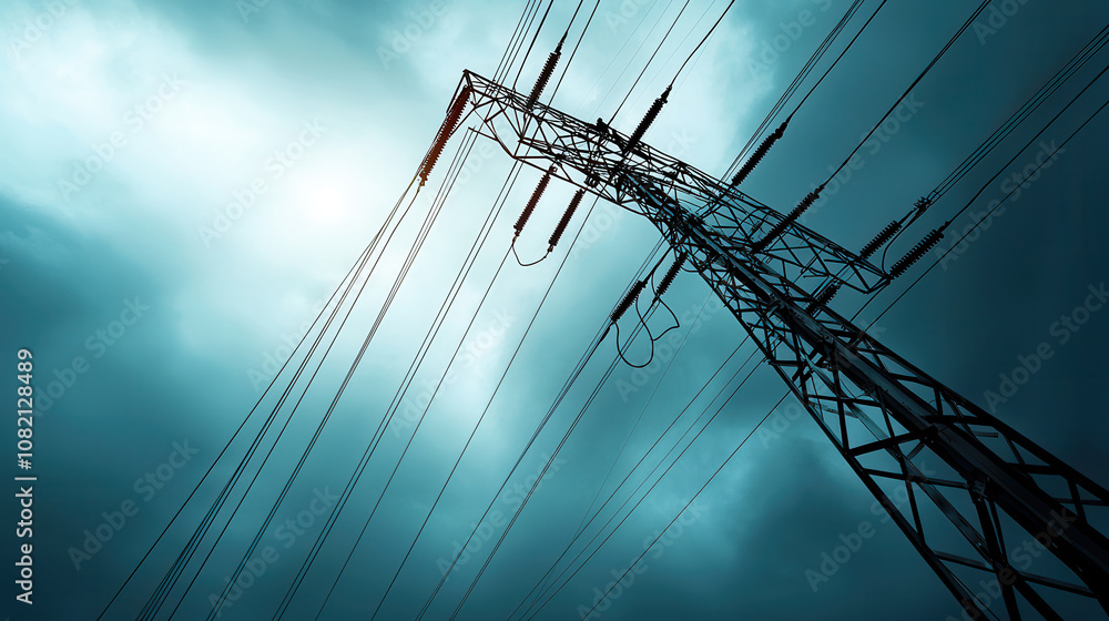 Aufkleber power lines stretch through moody sky, creating dramatic scene. towering structure stands against ba