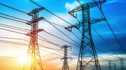 High voltage power lines silhouetted against vibrant sunset sky, showcasing industrial landscape. scene captures connection between nature and technology