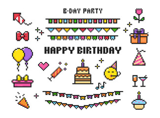 Birthday 8 bit icons collection, pixel birthday party. Happy Birthday celebration pixel art, set present: balloons, pie, gifts, fireworks, cake, garland.