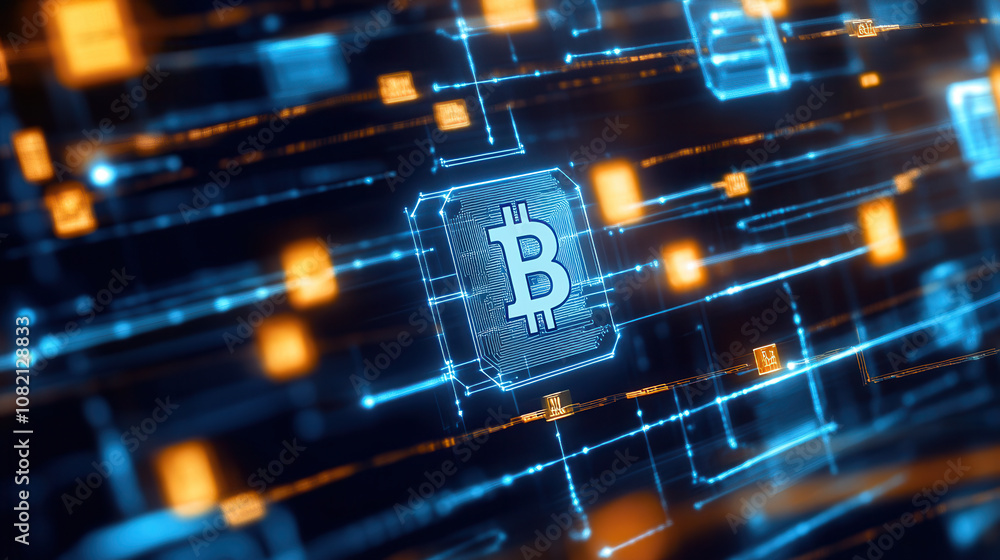 Poster digital representation of cryptocurrency with focus on bitcoin, showcasing network of interconnected