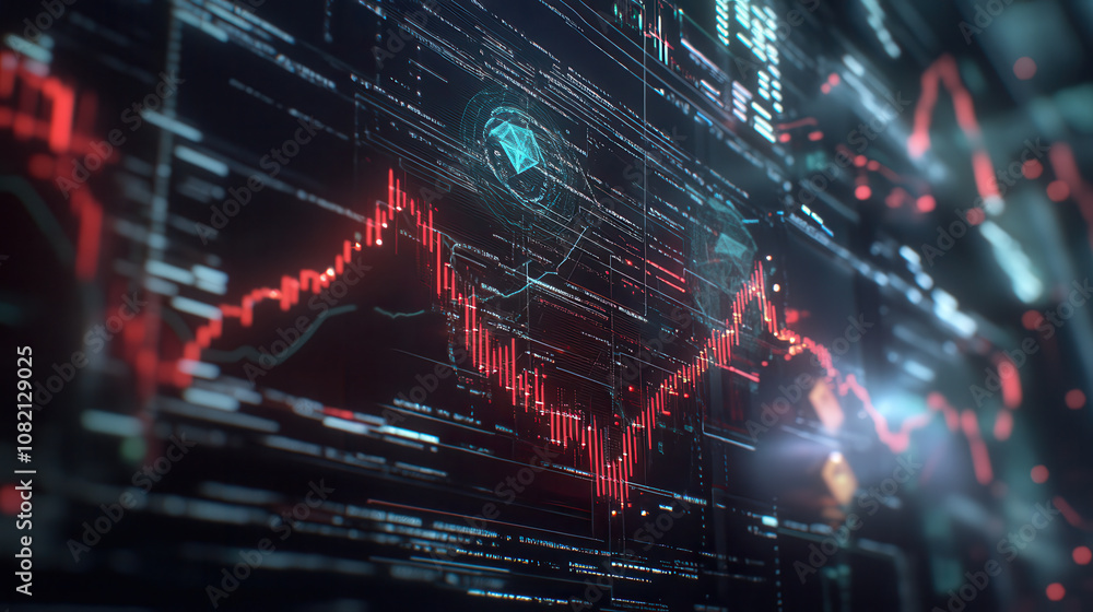 Poster visual representation of cryptocurrency market trends with dynamic graphs, showcasing fluctuating va
