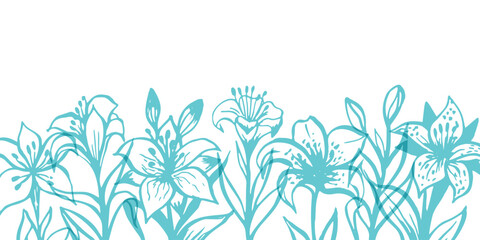 Lillies floral border. Horizontal down divider, blue color. Easter or  religion funeral decoration element.
