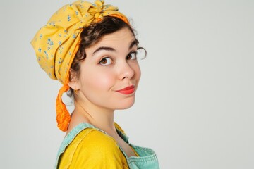 A woman wearing a yellow bandana on her head, simple and casual look