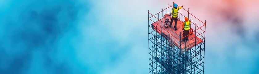 Scaffolders building a tall structure with misty clouds in the background, aerial perspective, cinematic lighting, high detail
