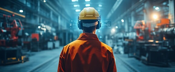 A factory worker wearing a yellow hardhat and safety glasses stands in a factory with machinery in the background.