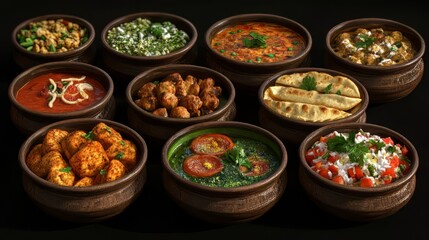 Fototapeta premium Selection of indian food. indian food. Ultra realistic. Photorealistic hypermaximalist advertising photography hyper realistic fine detail