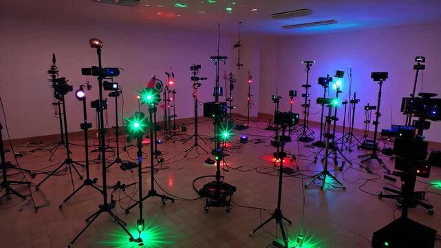 A room full of cameras on tripods are set up for filming, lit with colored lights