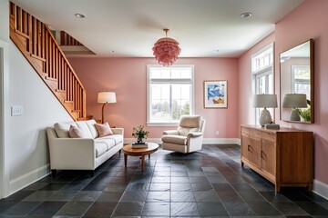 Modern Charcoal Slate Floor Tile and Pastel Pink Walls in Cozy Lounge with Ivory Recliner and Cedar Staircase Bathed in Natural Light