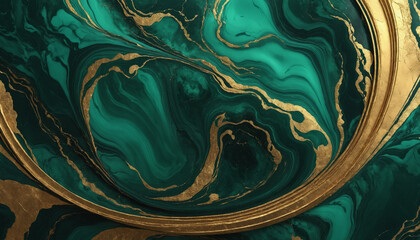 Processed collage of emerald green and gold marble texture. Background for banner, backdrop or texture for 3D mapping.