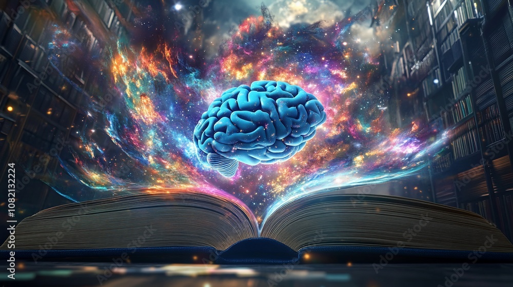 Poster a glowing blue brain erupts from an open book, surrounded by a cosmic nebula.
