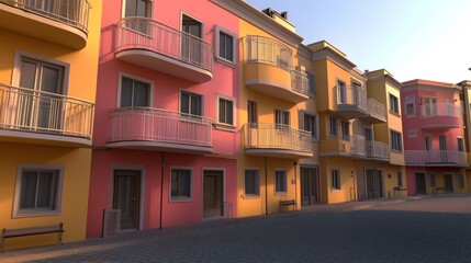 Obraz premium Colorful residential buildings with balconies in a sunny setting.