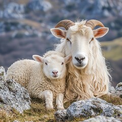 Obraz premium Mother Sheep and Lamb Relaxing on a Mountainside.
