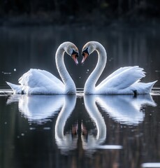 Graceful Swans Creating a Heart Shape with Their Necks on a Serene Lake at Sunset, Reflecting Their Beauty in Tranquil Waters Beneath a Dreamy Sky