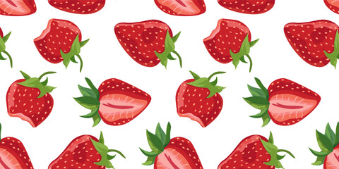 Seamless pattern of ripe strawberries Seamless strawberry pattern Whole and sliced strawberry slices with leaves on white background, vector illustration Template for kitchen textiles, wrapping paper,