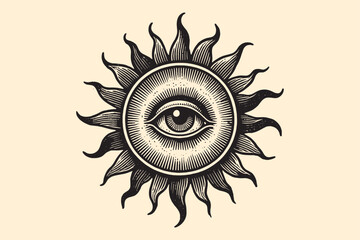 Sun with an eye. All-seeing eye. Isoteric, occult, magical vector illustration. vintage black engraving, emblem, logo. tattoo sketch, print	