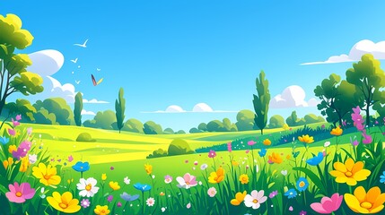 cartoon spring green grass blue sky flowers illustration poster background