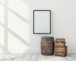 A large wooden frame mockup leaning against a white wall with a potted plant in a wooden barrel and cardboard boxes in a minimalist interior design