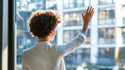 A woman with curly hair stands by a large window, waving goodbye with a city skyline visible behind her.