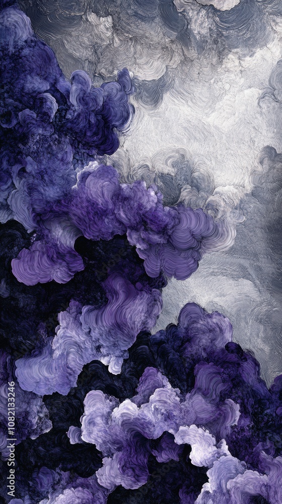 Poster swirling abstract clouds in shades of purple and gray create a dynamic visual effect, ai