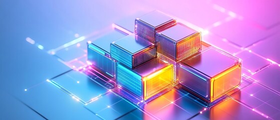 A vibrant digital illustration of stacked cubes surrounded by glowing lines, representing concepts of technology, innovation, and data processing.