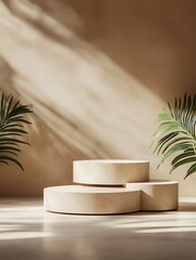 Obraz premium Stylish circular platforms with green leaves in a modern minimalist setting.