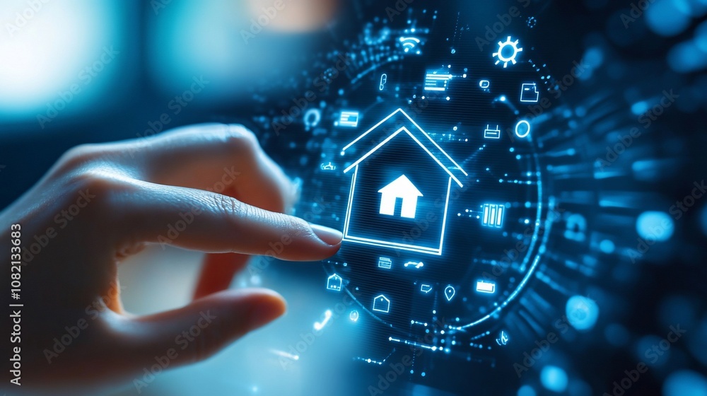 Poster a hand interacts with a glowing home icon surrounded by various digital icons, representing smart ho