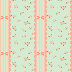 Vector pattern of fabric, wallpaper, wrapping paper, mats and bed sheets. Continuous and repeatable. Cute style. Designed with roses, bows and straight lines.