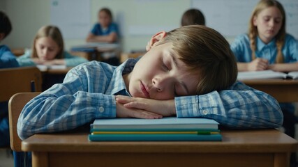 Obraz premium Close-up of a schoolchild sleeping in a lesson sitting at a desk. Tiredness, fatigue of adolescents, lack of sleep and vitamins